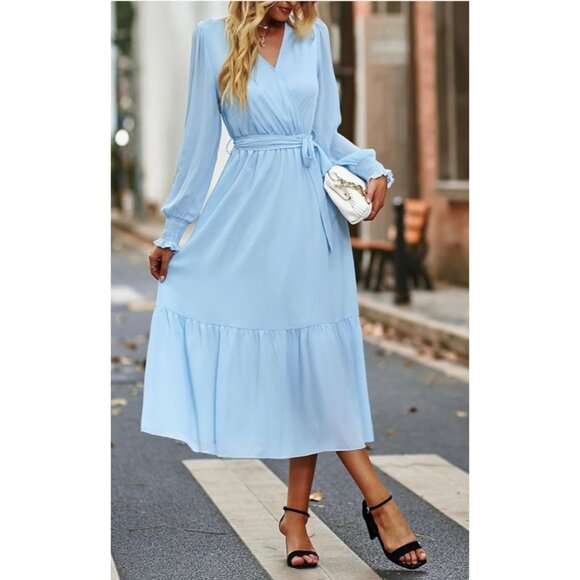 Womens Boho Small Light Blue Long Sleeve Midi Dress Elastic Waist Belt Wedding - Picture 3 of 12